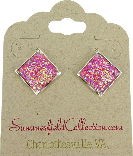 Summerfield Collection Silver-tone Geometric Square Shaped Flat Faux Druzy Stud Earrings 12mm (Hot Pink)