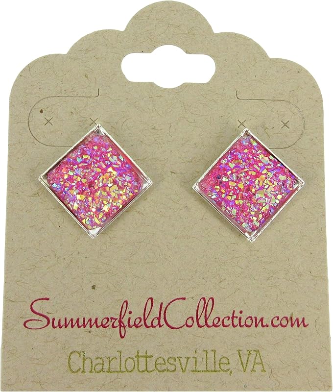 Summerfield Collection Silver-tone Geometric Square Shaped Flat Faux Druzy Stud Earrings 12mm (Hot Pink)