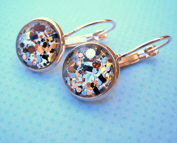 Summerfield Collection Rose Gold-Tone Pearly Silver and Black Glitter Glass Drop Earrings