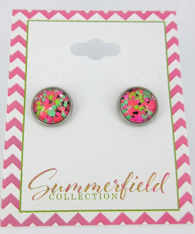 Summerfield Collection Stainless Steel Neon Party Glitter Glass Stud Earrings Hand-painted 10mm