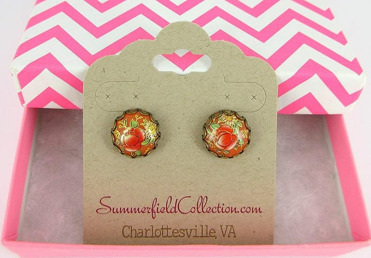 Summerfield Collection Antiqued Gold-tone Floral Print Stud Earrings 12mm (Orange)