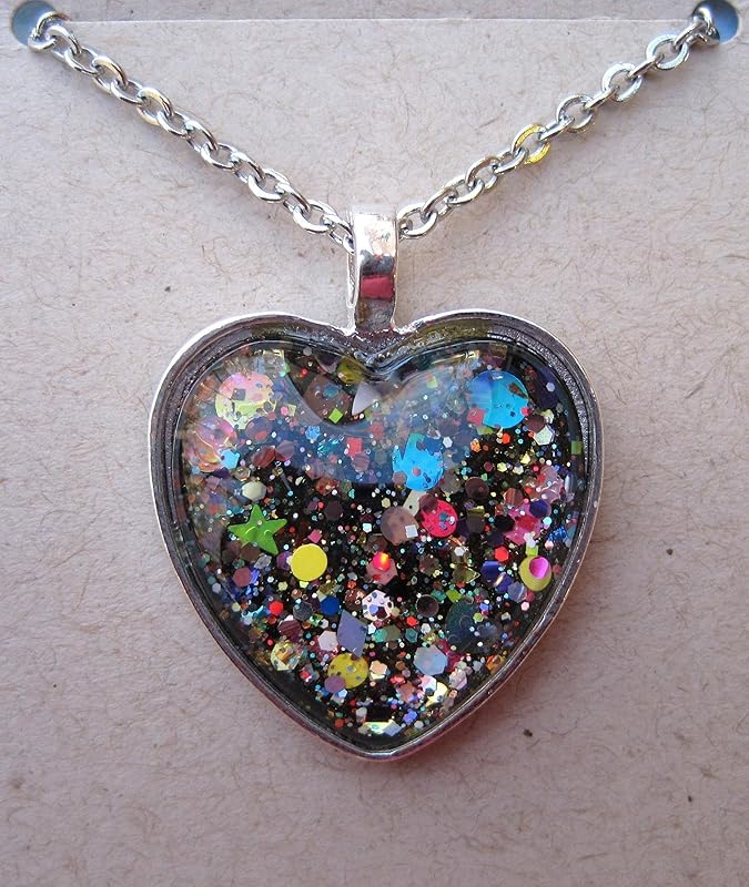 Summerfield Collection Silver-Tone Black and Multi-Color Confetti Glitter Glass Heart Pendant Necklace 20" Chain Stainless