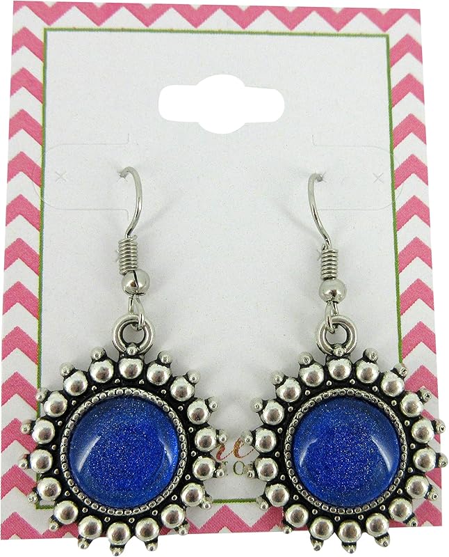 Summerfield Collection Antiqued Silver-tone Royal Blue Glitter Glass Dangle Earrings Hand-painted