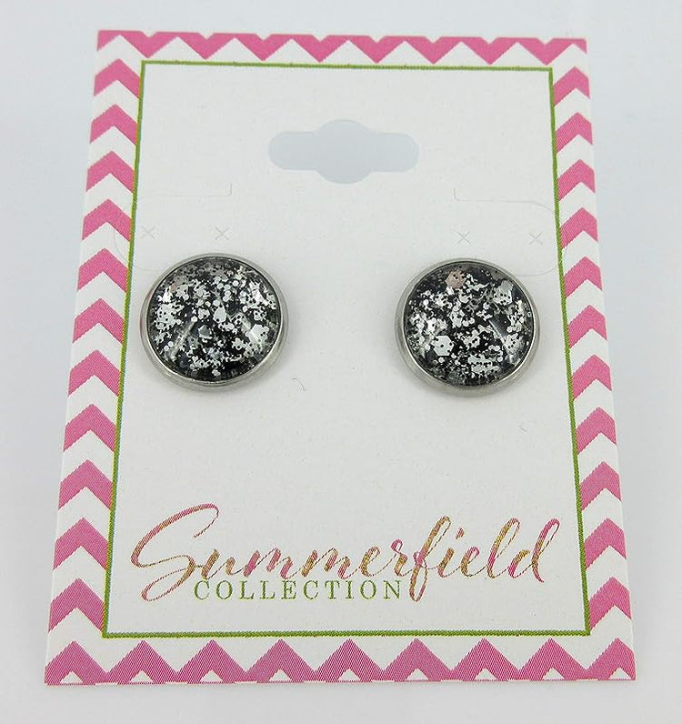 Summerfield Collection Stainless Steel Silver and Black Glitter Glass Stud Earrings Hand-painted 12mm