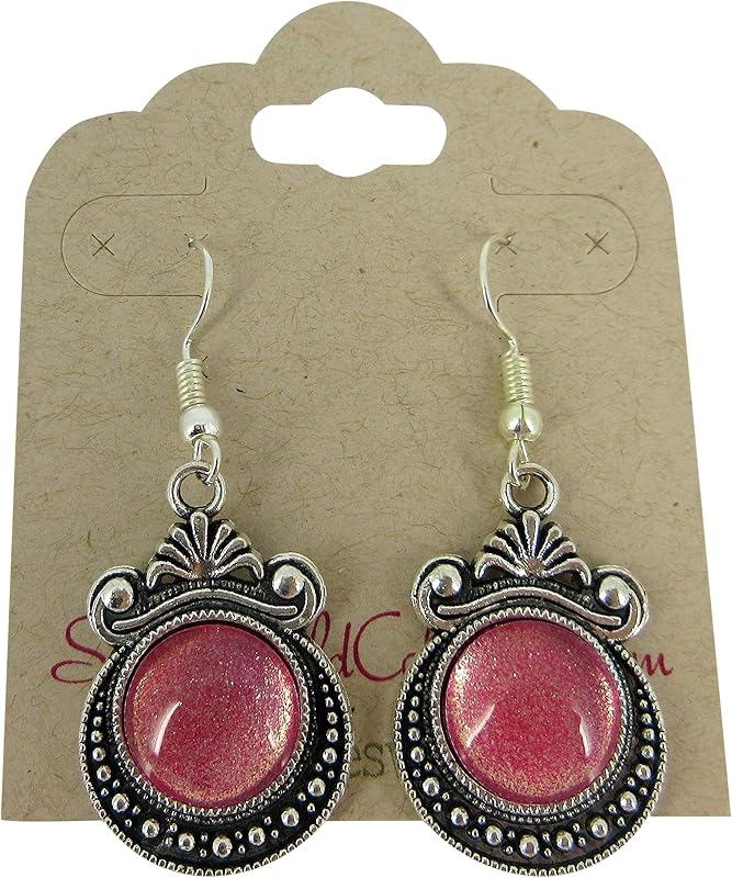 Summerfield Collection Antiqued Silver-tone Pink Shimmer Glitter Glass Dangle Earrings Hand-painted