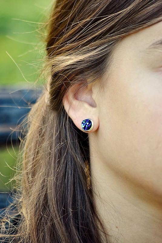Summerfield Collection Silver-tone Metallic Faux Druzy Stone Stud Earrings 8mm (Blue)