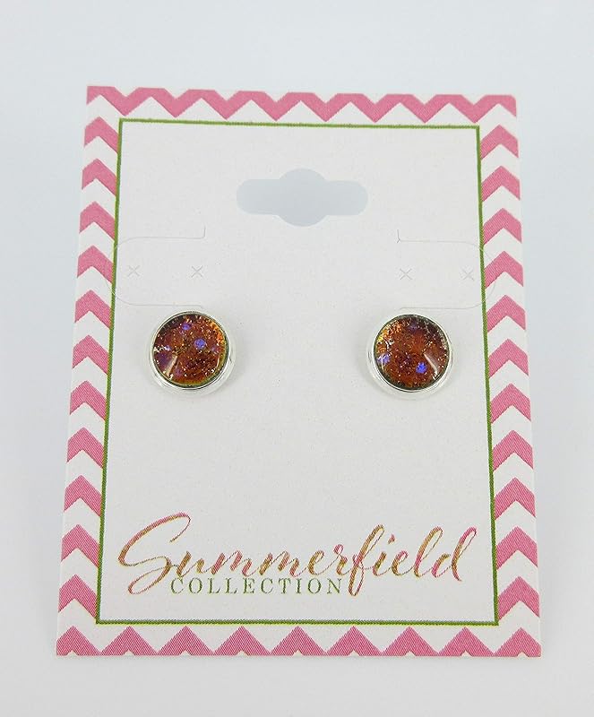 Summerfield Collection Silver-tone Bronze and Purple Glitter Glass Stud Earrings Hand-painted 8mm