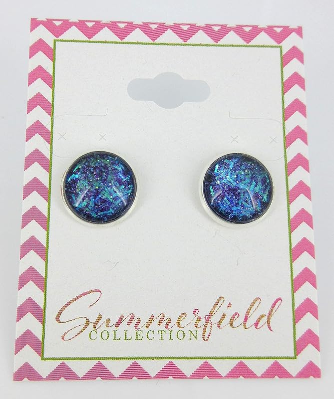 Summerfield Collection Silver-tone Purple and Blue Glitter Glass Stud Earrings Hand-painted 12mm