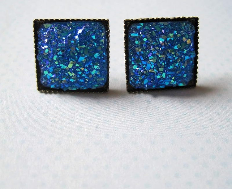 Summerfield Collection Geometric Square Shaped Flat Faux Druzy Stud Earrings 12mm Statement Antiqued Gold-tone (Royal Blue)