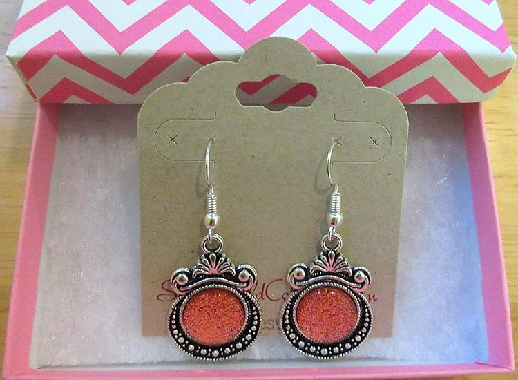 Summerfield Collection Antiqued Silver-tone Orange Glitter Glass Dangle Earrings Hand-painted