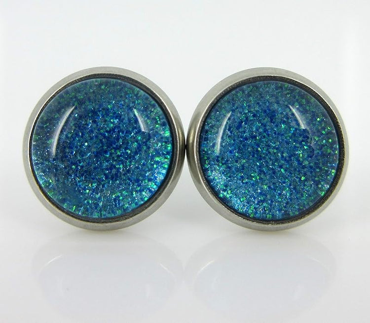 Summerfield Collection Stainless Steel Blue Green Glitter Glass Stud Earrings Hand-painted 10mm