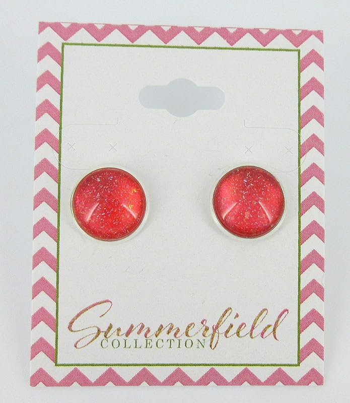 Summerfield Collection Silver-tone Coral Iridescent Glitter Glass Stud Earrings Hand-painted 12mm