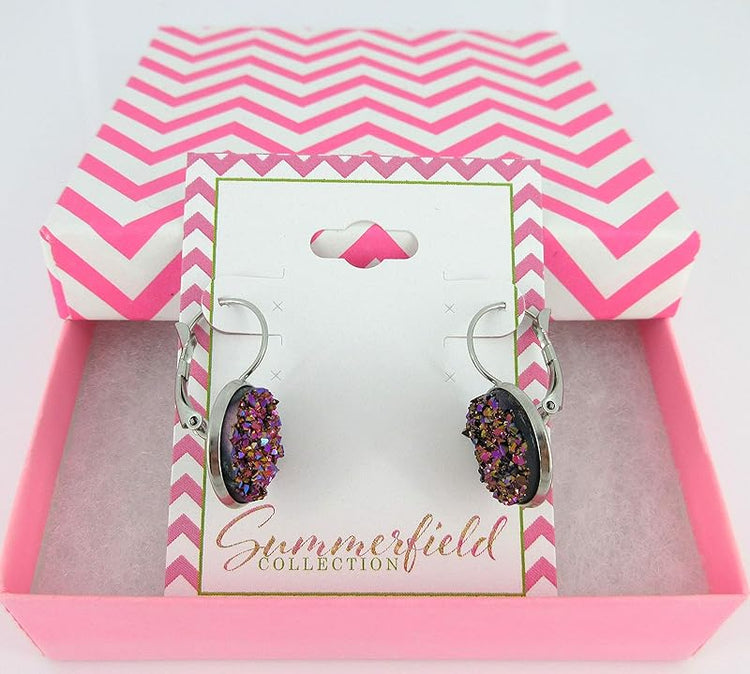Summerfield Collection Stainless Steel Faux Druzy Stone Lever-back Drop Earrings 14mm (Pink/Purple/Teal)