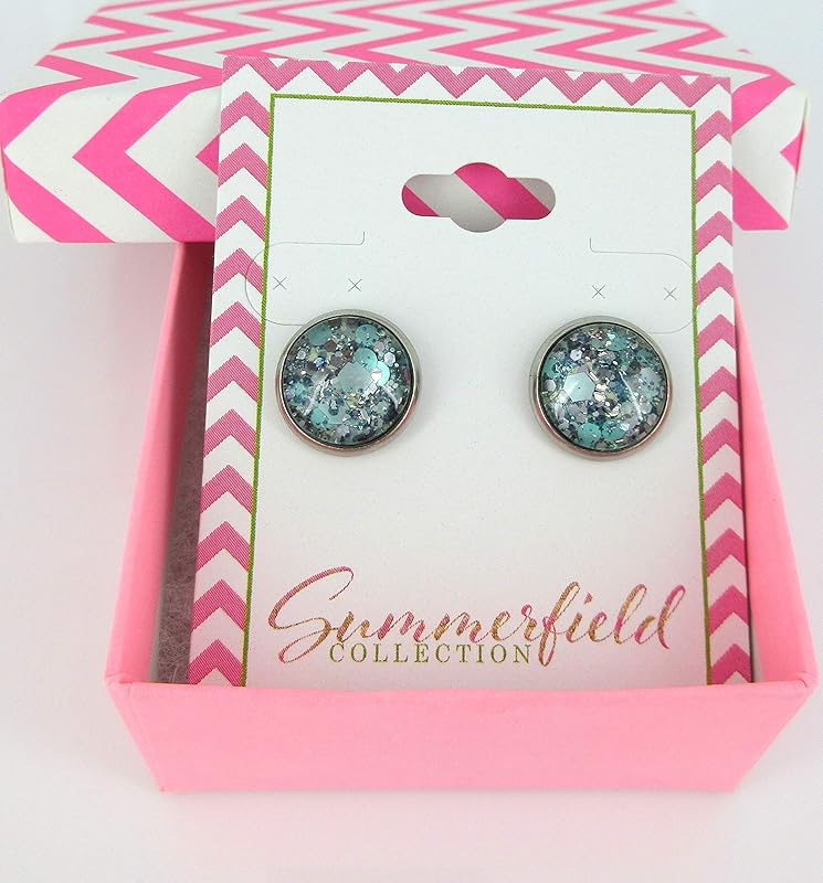 Summerfield Collection Stainless Steel Mint Green and Silver Glitter Glass Stud Earrings Hand-painted 12mm