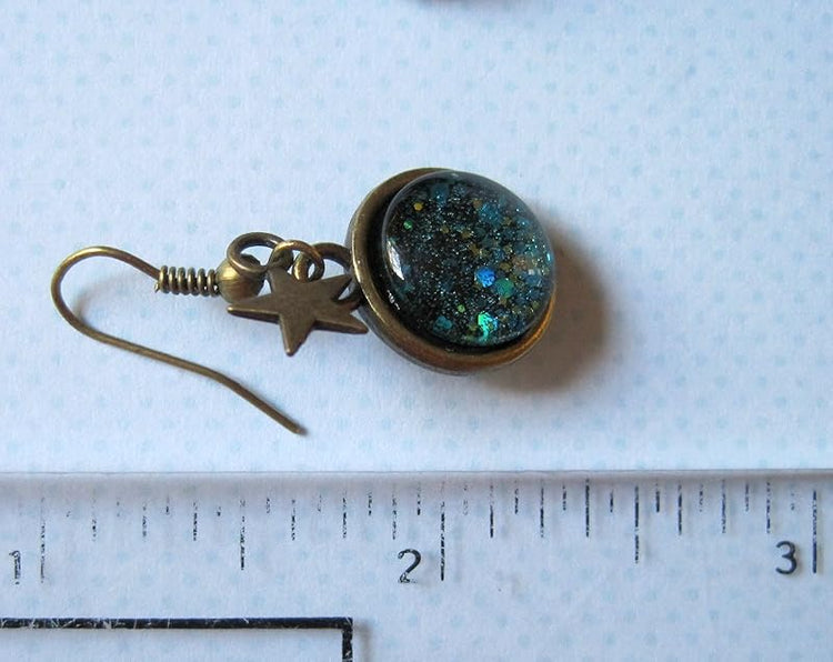 Summerfield Collection Antiqued Gold-tone Ocean Blue Glitter Glass Star Charm Galaxy Dangle Earrings Hand-painted