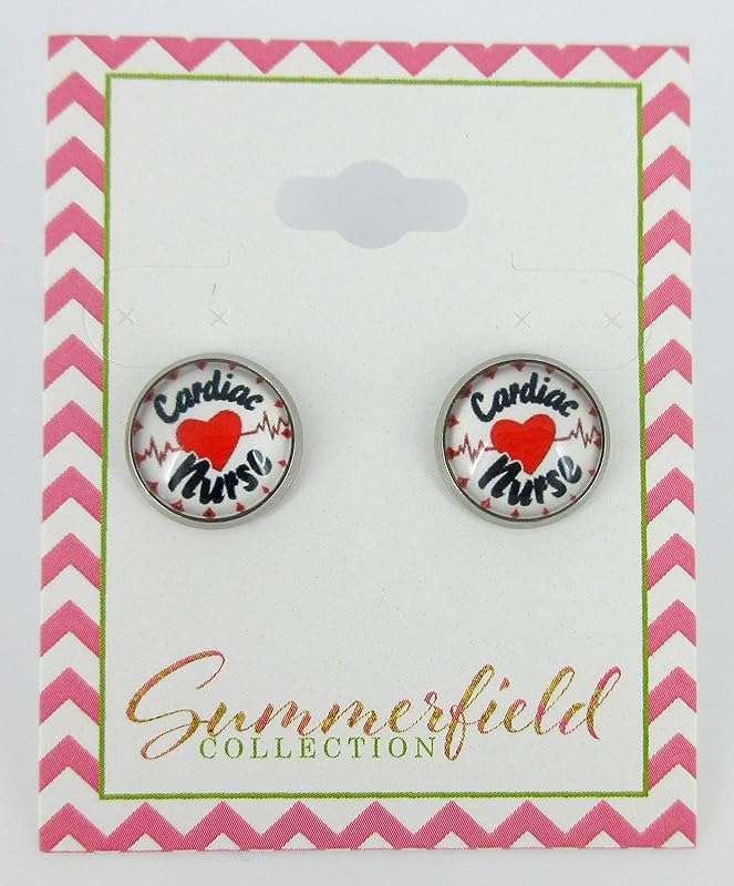 Summerfield Collection Stainless Steel Cardiac Nurse Print Glass Stud Earrings 12mm White Black Red