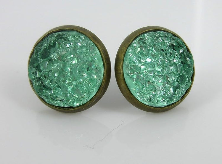 Summerfield Collection Trio Stud Earrings Seafoam Clear AB Faux Druzy Stone Yellow Mermaid Scale Set 12mm