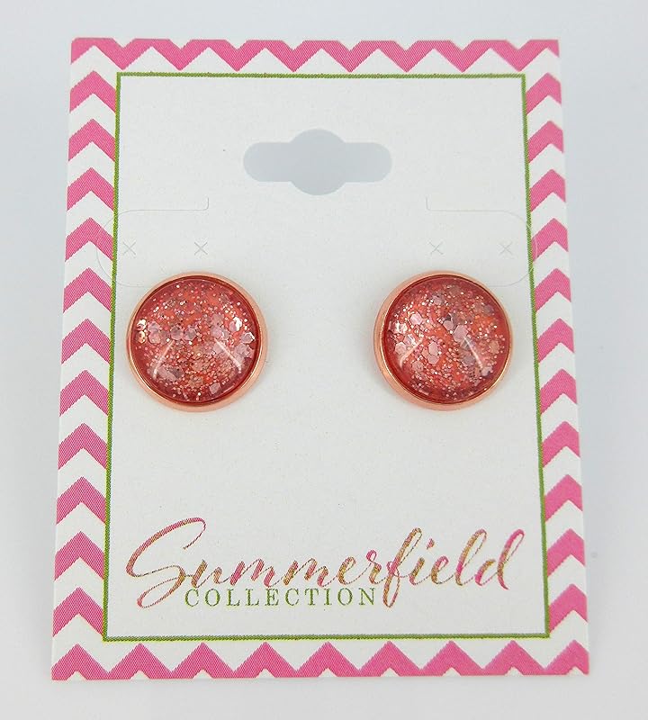 Summerfield Collection Rose Gold-tone Blush Pink Glitter Glass Stud Earrings Hand-painted 12mm