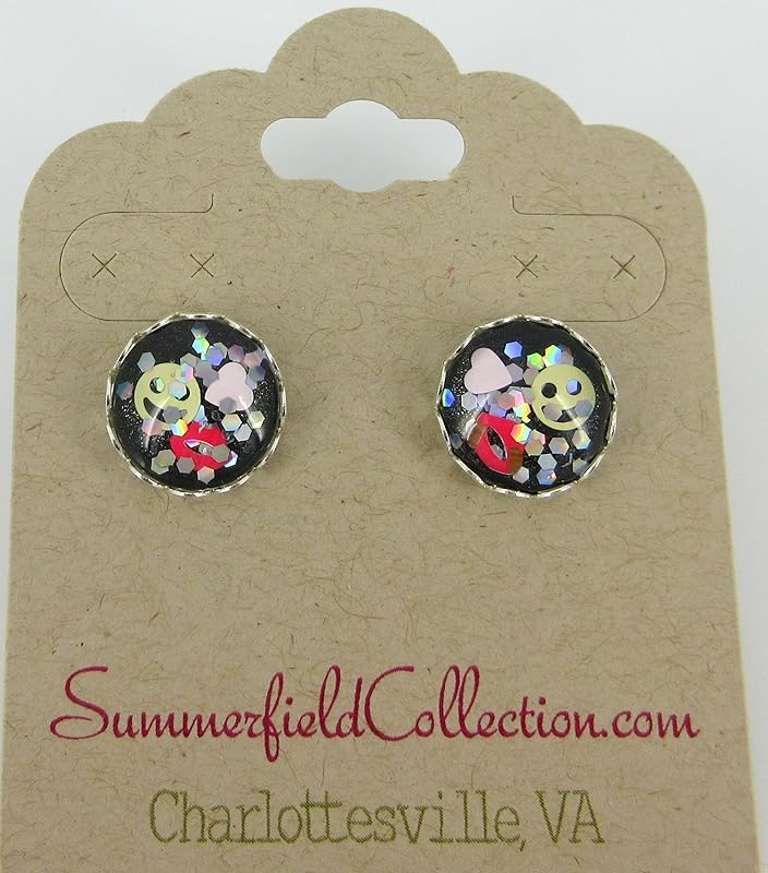 Summerfield Collection Silver-tone Emoji Glitter Glass Stud Earrings Black Pink Red Yellow Hand-painted