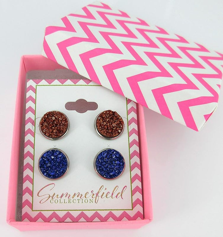 Summerfield Collection Duo Stainless Steel Glitter Faux Druzy Stone Stud Earrings Set (Orange/Indigo)
