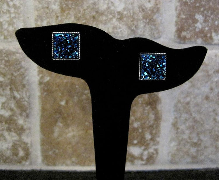 Summerfield Collection Silver-tone Metallic Geometric Square Shaped Chunky Faux Druzy Stud Earrings 12mm Statement (Blue)