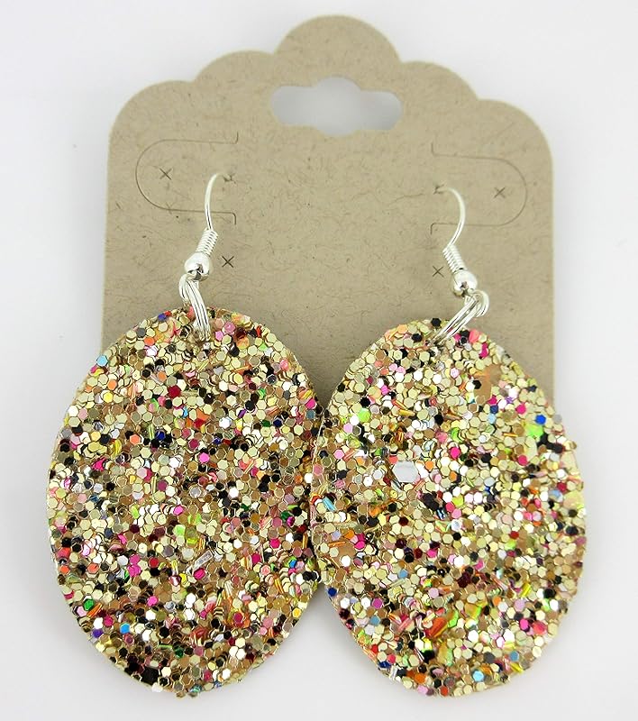 Summerfield Collection Silver-tone Glitter Faux Leather Oval Dangle Earrings (Gold and Rainbow)