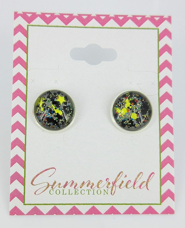 Summerfield Collection Silver-tone Gray Black Yellow Multi Color Glitter Glass Stud Earrings Hand-painted 12mm