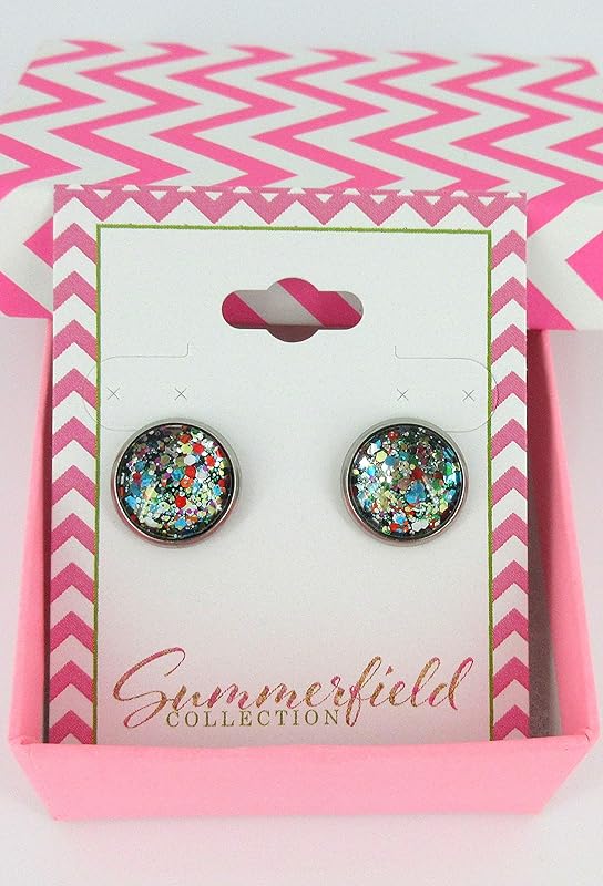 Summerfield Collection Stainless Steel Multi Color Party Confetti Glitter Glass Stud Earrings Hand-painted 12mm