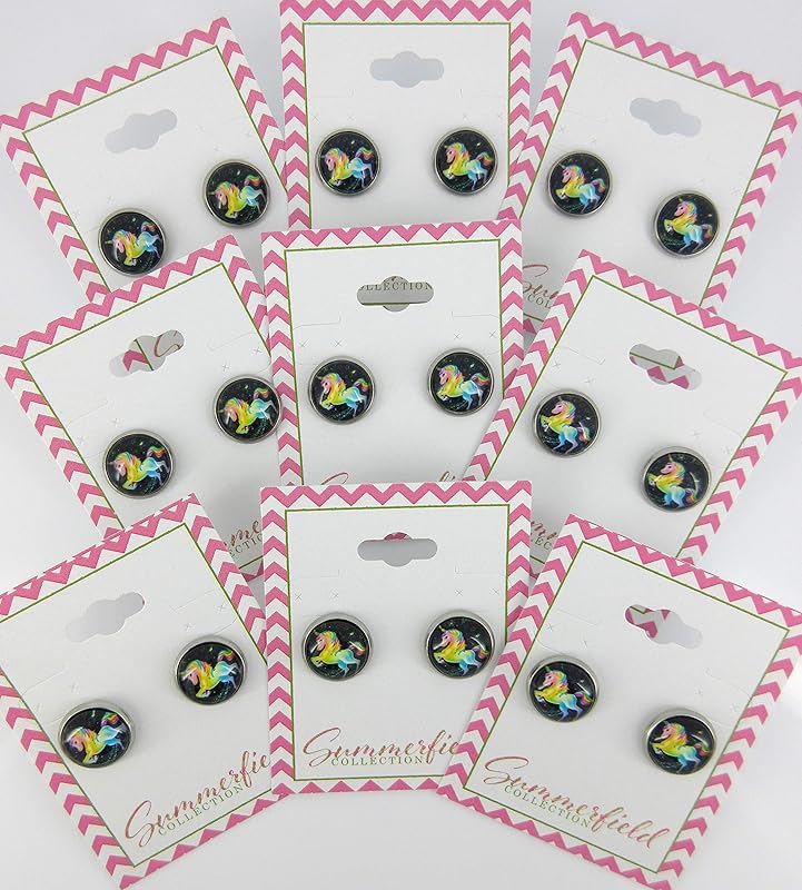 Summerfield Collection Stainless Steel Rainbow Unicorn Black Print Glass Stud Earrings 12mm