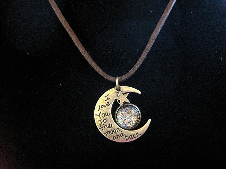 Summerfield Collection Antiqued Gold-Tone Glitter Glass I Love You to the Moon and Back Pendant Necklace Brown Faux Suede