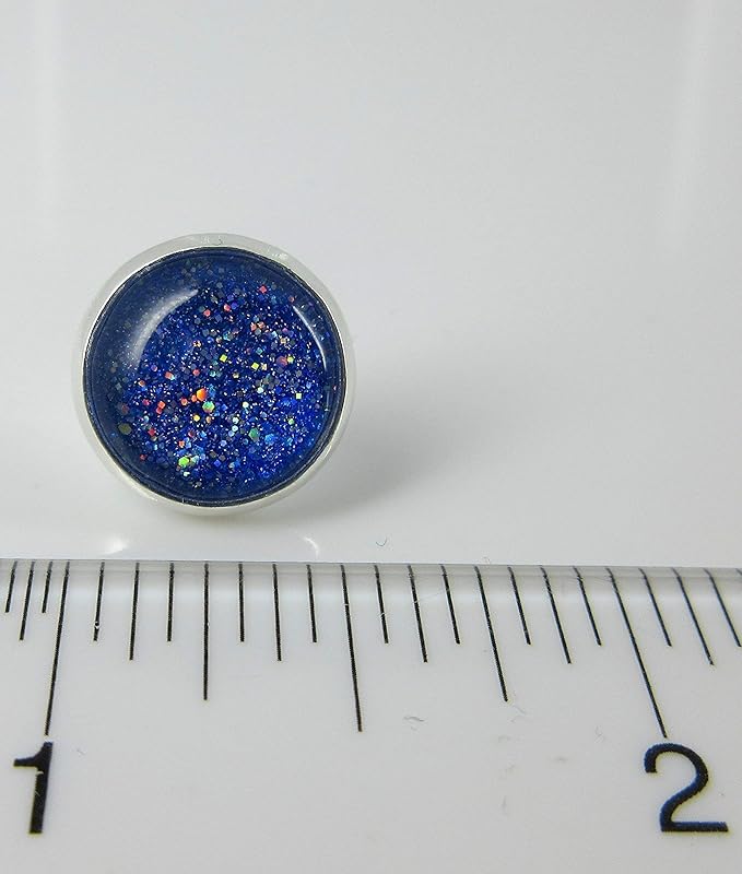 Summerfield Collection Silver-tone Cobalt Blue Holographic Glitter Glass Stud Earrings Hand-painted 12mm