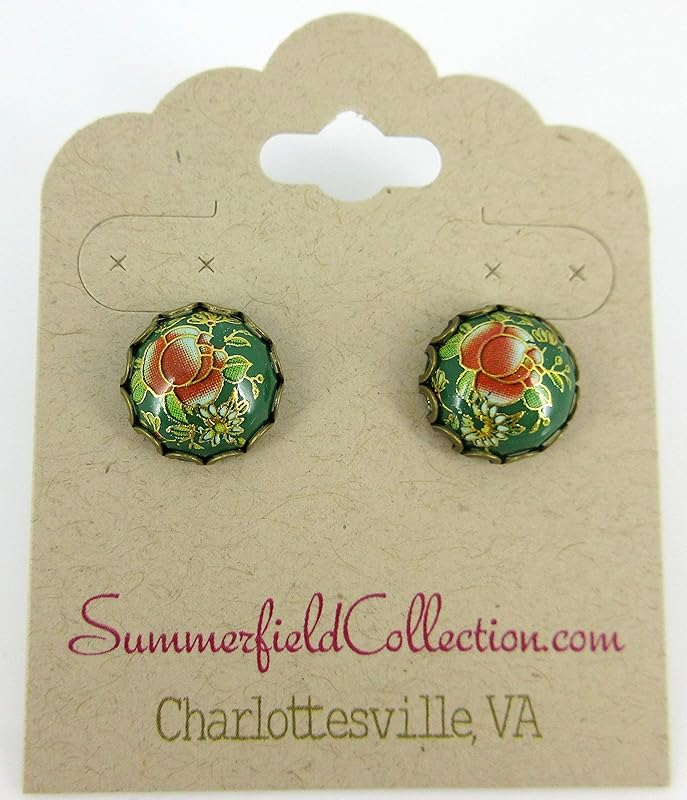 Summerfield Collection Antiqued Gold-tone Floral Print Stud Earrings 12mm (Green)