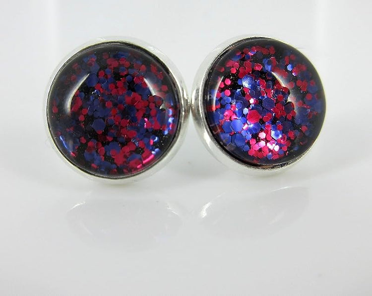 Summerfield Collection Duo Silver-tone Stud Earrings Neon Bar and Purple Pink Black Glitter Glass 12mm Hand-painted