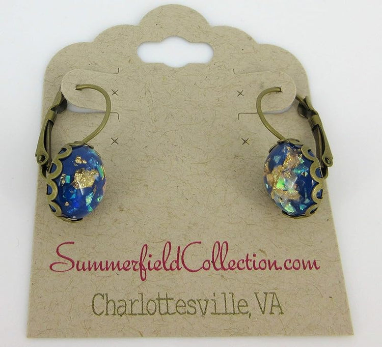 Summerfield Collection Antiqued Gold-tone Opalescent Leaf Resin Lever-back Drop Earrings (Blue)