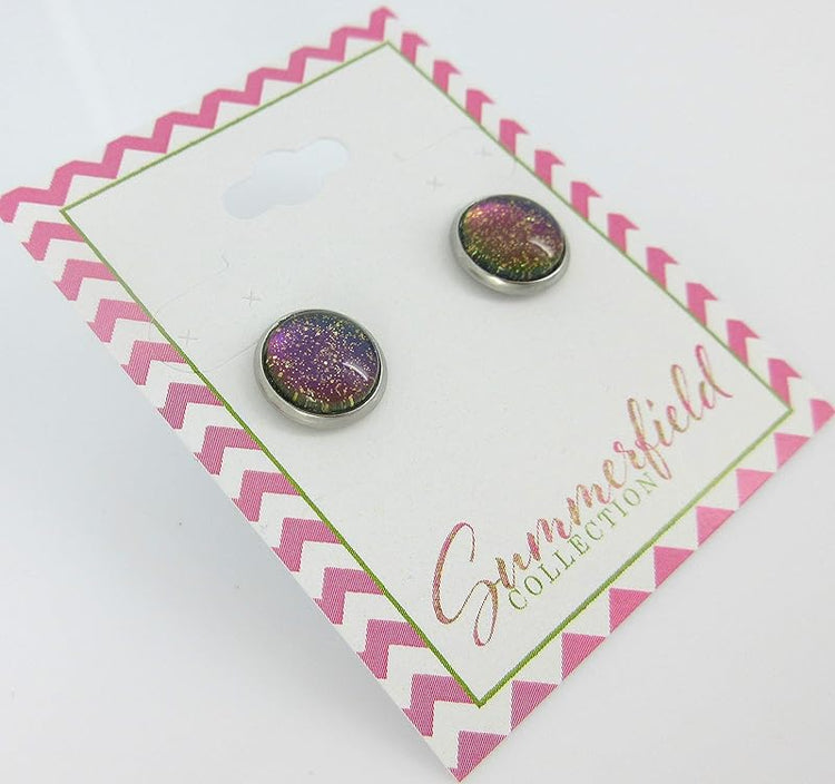 Summerfield Collection Stainless Steel Blue Purple Gray Glitter Glass Stud Earrings Hand-painted 10mm