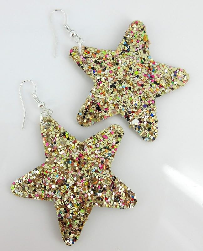 Summerfield Collection Glitter Faux Leather Large Star Dangle Earrings (Gold and Rainbow)
