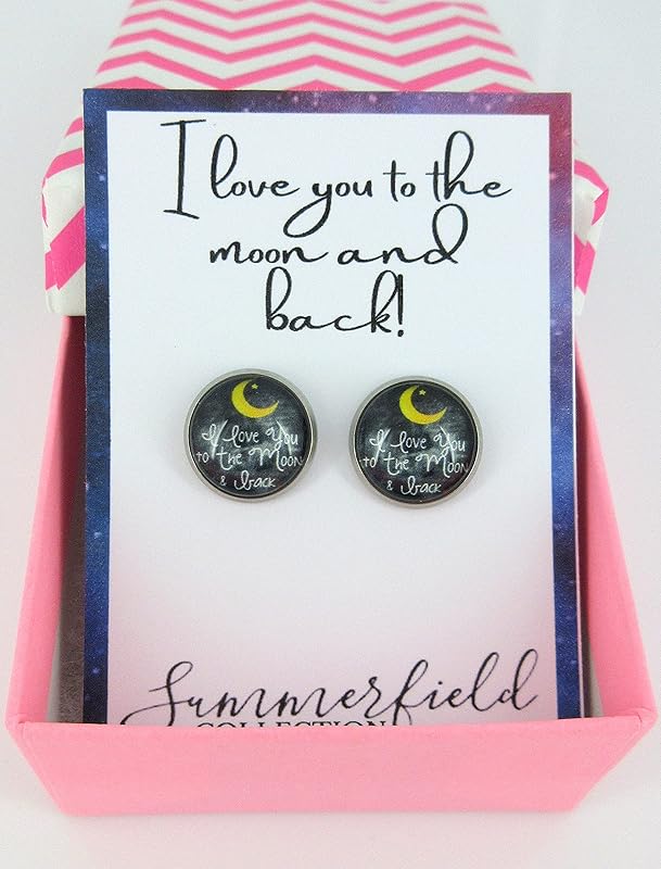 Summerfield Collection Stainless Steel I Love You to the Moon and Back Print Glass Stud Earrings 12mm (Crescent Moon)
