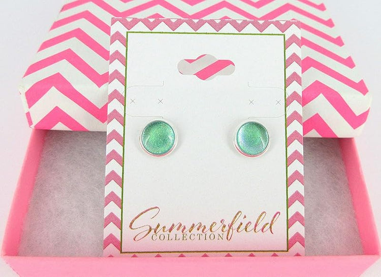 Summerfield Collection Silver-tone Blue Green Color Shift Glitter Glass Stud Earrings Hand-painted 8mm