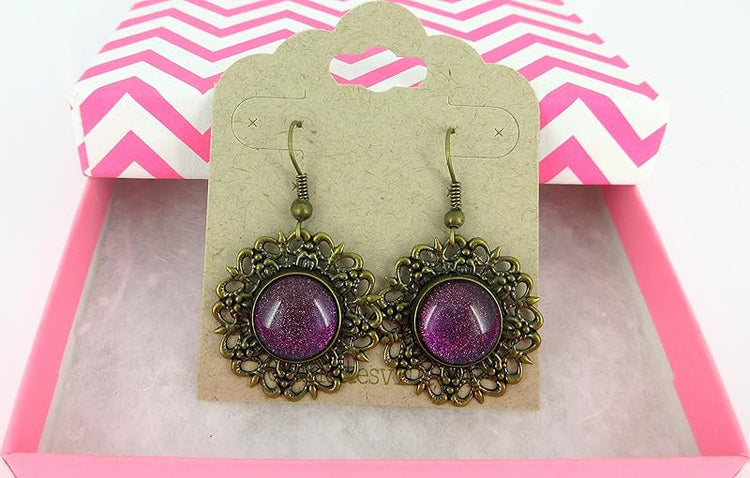Summerfield Collection Antiqued Gold-tone Purple Glitter Glass Medallion Dangle Earrings Hand-painted