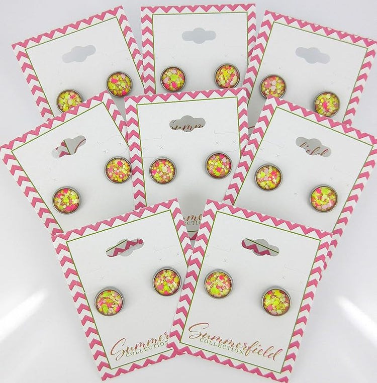 Summerfield Collection Stainless Steel Strawberry Lemonade Glitter Glass Stud Earrings Hand-painted 10mm