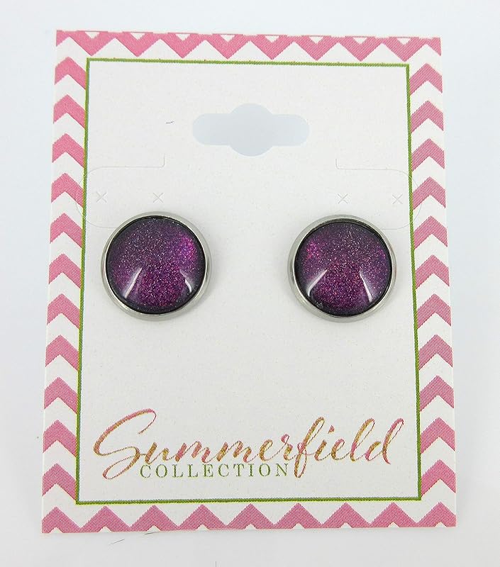 Summerfield Collection Stainless Steel Purple and Red Glitter Glass Stud Earrings Hand-painted 12mm