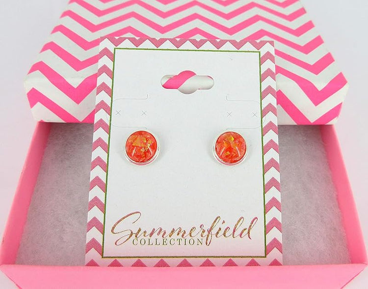 Summerfield Collection Shiny Silver-tone Opalescent Leaf Resin Stud Earrings 8mm (Red/Orange)