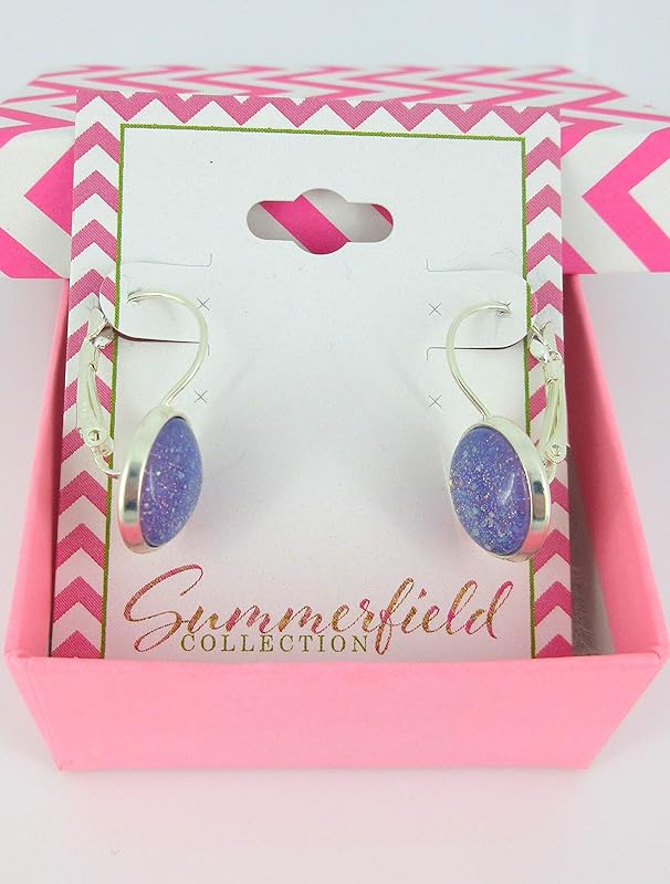 Summerfield Collection Silver-tone Periwinkle Purple Glitter Glass Lever-back Drop Galaxy Earrings Hand-painted