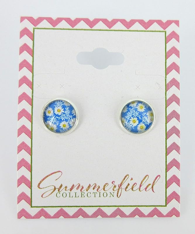 Summerfield Collection Silver-tone Daisy Flower Print Glass Stud Earrings 10mm