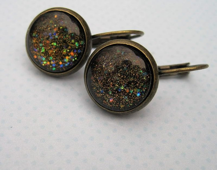 Summerfield Collection Antiqued Gold-tone Black Glitter Glass Lever-back Drop Galaxy Earrings Hand-painted