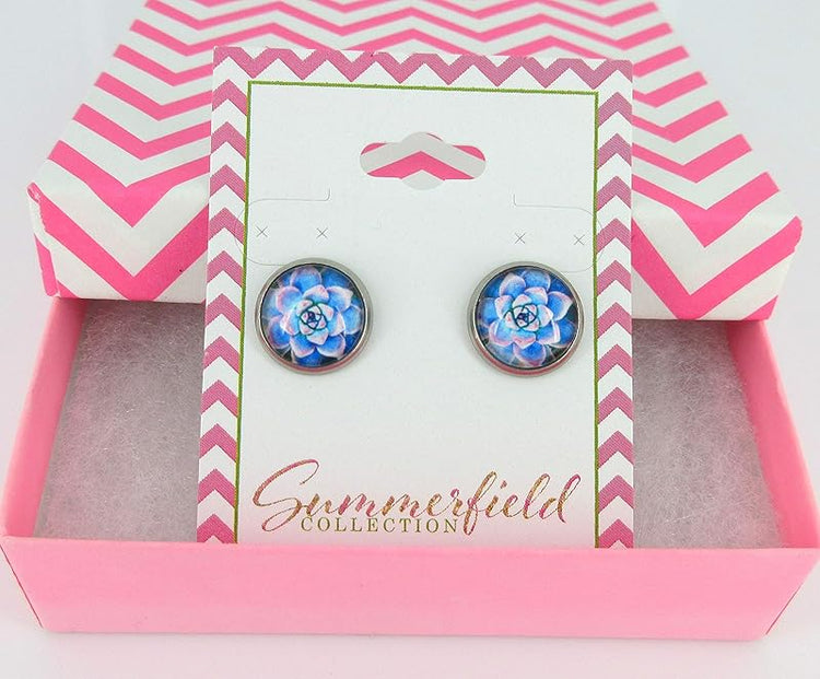 Summerfield Collection Stainless Steel Succulent Plant Print Glass Stud Earrings 12mm (Blue/Pink)