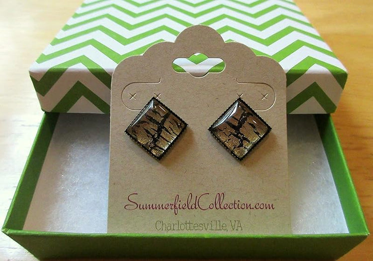 Summerfield Collection Antiqued Gold-tone Black Shattered Glitter Glass Stud Earrings Hand-painted Square 12mm