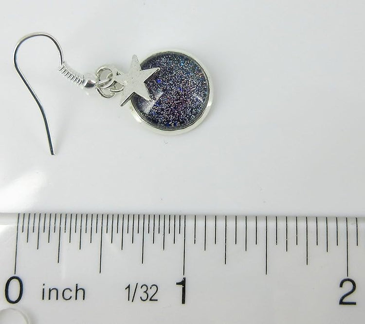 Summerfield Collection Silver-tone Holographic Glitter Glass Star Charm Galaxy Dangle Earrings Hand-painted