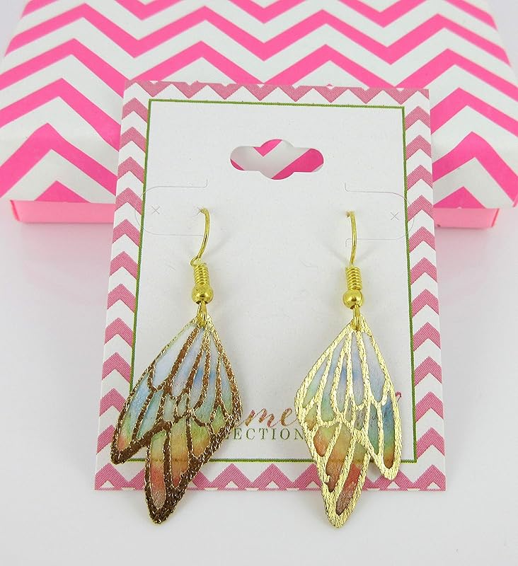 Summerfield Collection Gold Tone Butterfly Wing Fabric Dangle Earrings (Rainbow Double Wing)