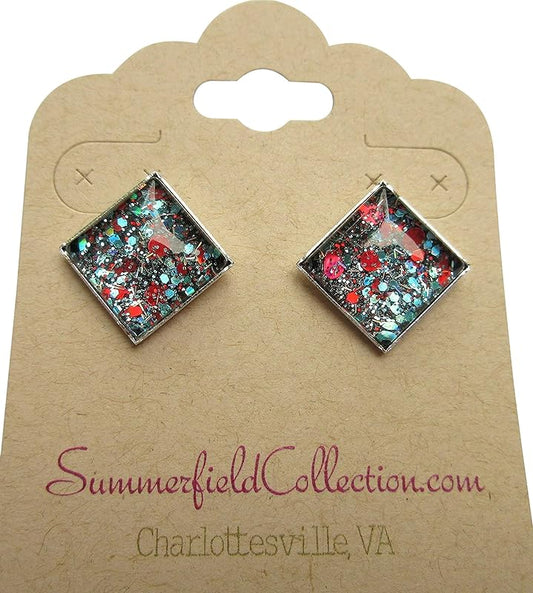 Summerfield Collection Silver-tone Aqua Blue and Red Glitter Glass Stud Earrings Hand-painted Square 12mm
